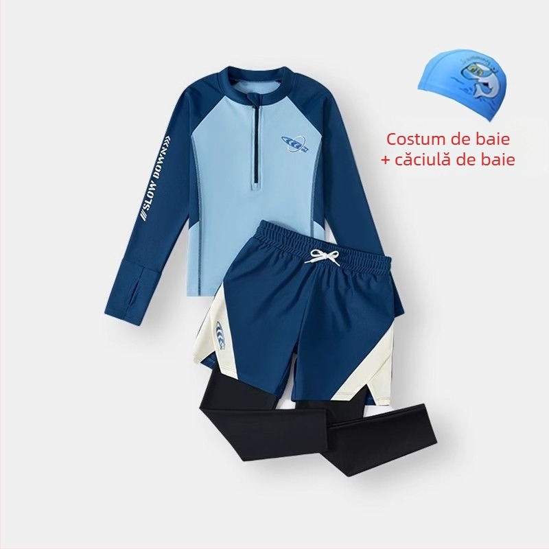 Set de înot pentru băieți, din două piese, cu mâneci lungi, protecție solară — Poliester 85%, căptușeală poliester 85%, greutate 150–300 g/m², pentru înot