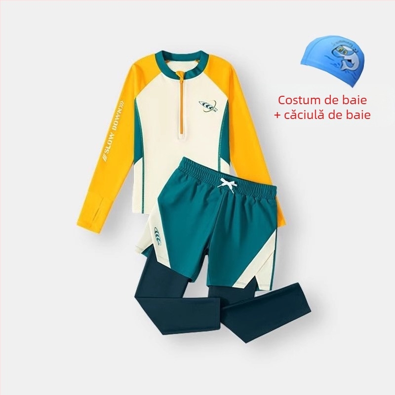 Set de înot pentru băieți, din două piese, cu mâneci lungi, protecție solară — Poliester 85%, căptușeală poliester 85%, greutate 150–300 g/m², pentru înot