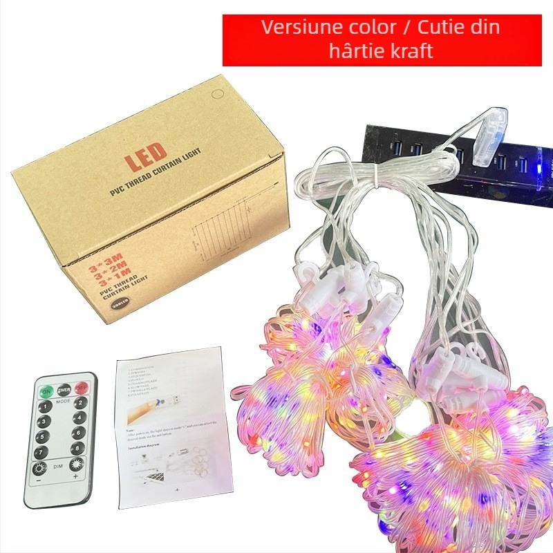Lanț de lumini LED pentru perdea, 300 LEDuri, IP68, alimentare USB 5V, reglaj cu telecomandă, 3000K