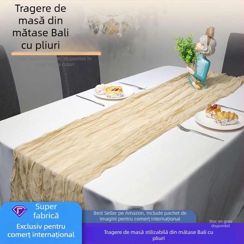 Runner de masă boem din poliester, cu voal și cheesecloth, culoare solidă, pentru nuntă și petrecere