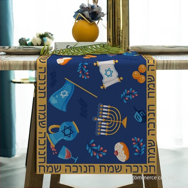 Steag de masă Hanukkah, țesătură din in cu imprimeu, 95% poliester, 5% alt, stil pastoral, potrivit pentru living, dormitor, birou, restaurant