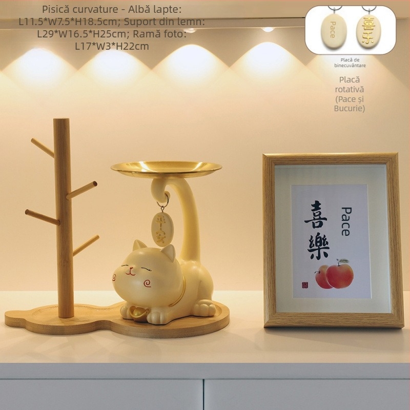 Tavă pentru chei cu pisica norocoasă pentru hol - rășină, stil simplu și modern, decor personalizabil