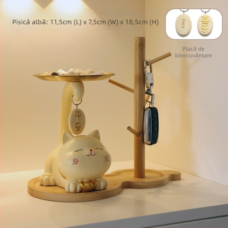 Tavă pentru chei cu pisica norocoasă pentru hol - rășină, stil simplu și modern, decor personalizabil
