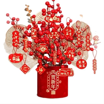 Ornament floral artificial în găleată cu binecuvântări, stil chinezesc, turnare prin injecție, decor pentru living de Anul Nou