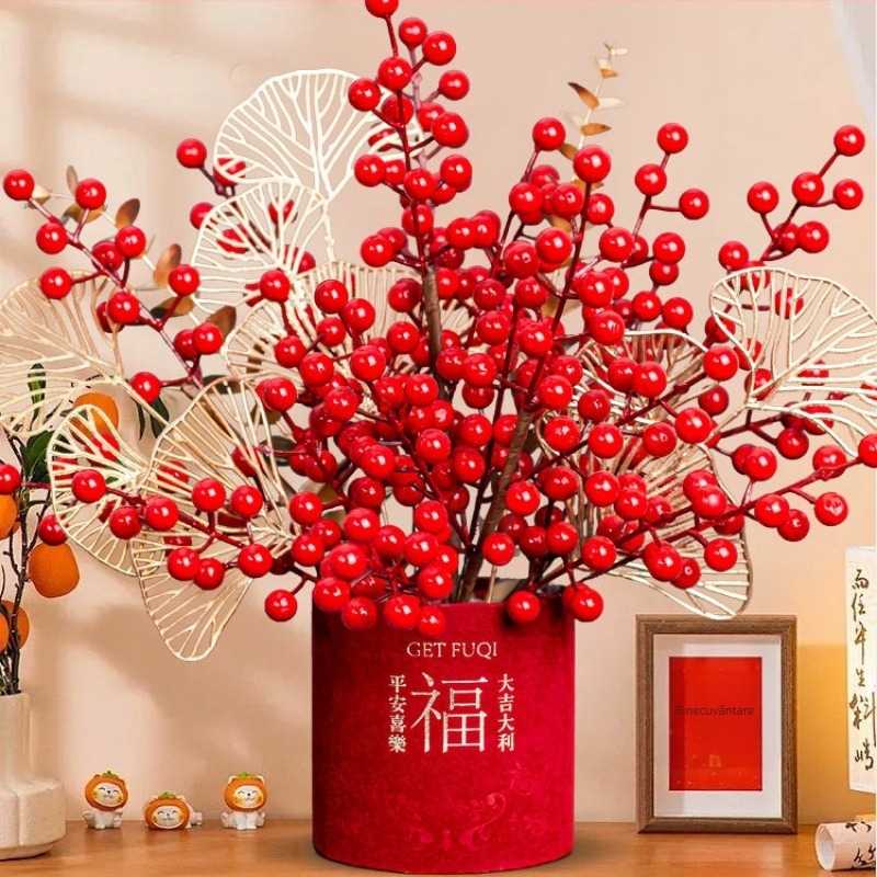 Ornament floral artificial în găleată cu binecuvântări, stil chinezesc, turnare prin injecție, decor pentru living de Anul Nou