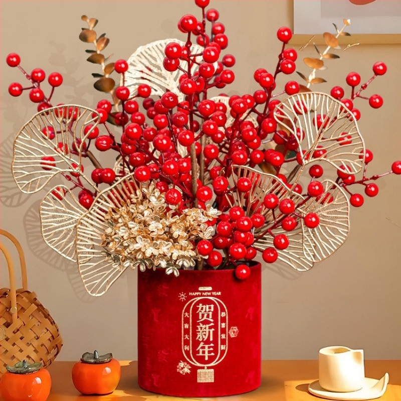 Ornament floral artificial în găleată cu binecuvântări, stil chinezesc, turnare prin injecție, decor pentru living de Anul Nou