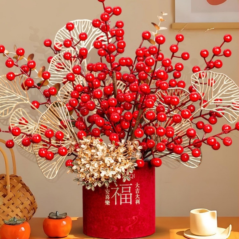 Ornament floral artificial în găleată cu binecuvântări, stil chinezesc, turnare prin injecție, decor pentru living de Anul Nou