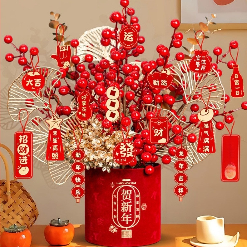 Ornament floral artificial în găleată cu binecuvântări, stil chinezesc, turnare prin injecție, decor pentru living de Anul Nou