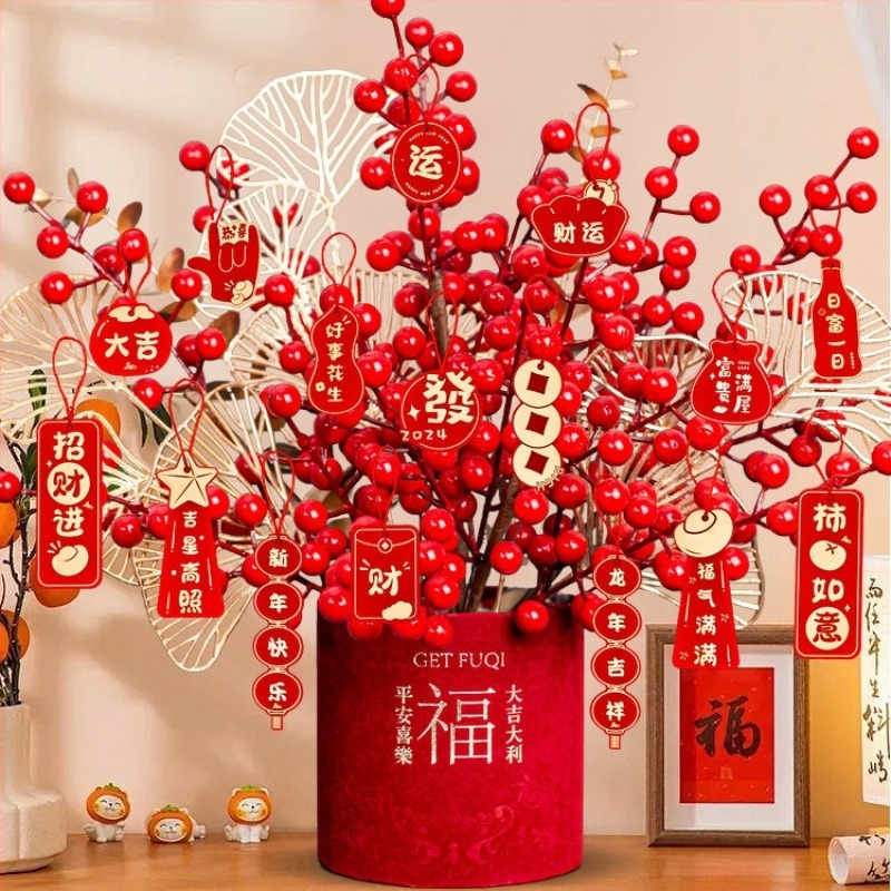 Ornament floral artificial în găleată cu binecuvântări, stil chinezesc, turnare prin injecție, decor pentru living de Anul Nou