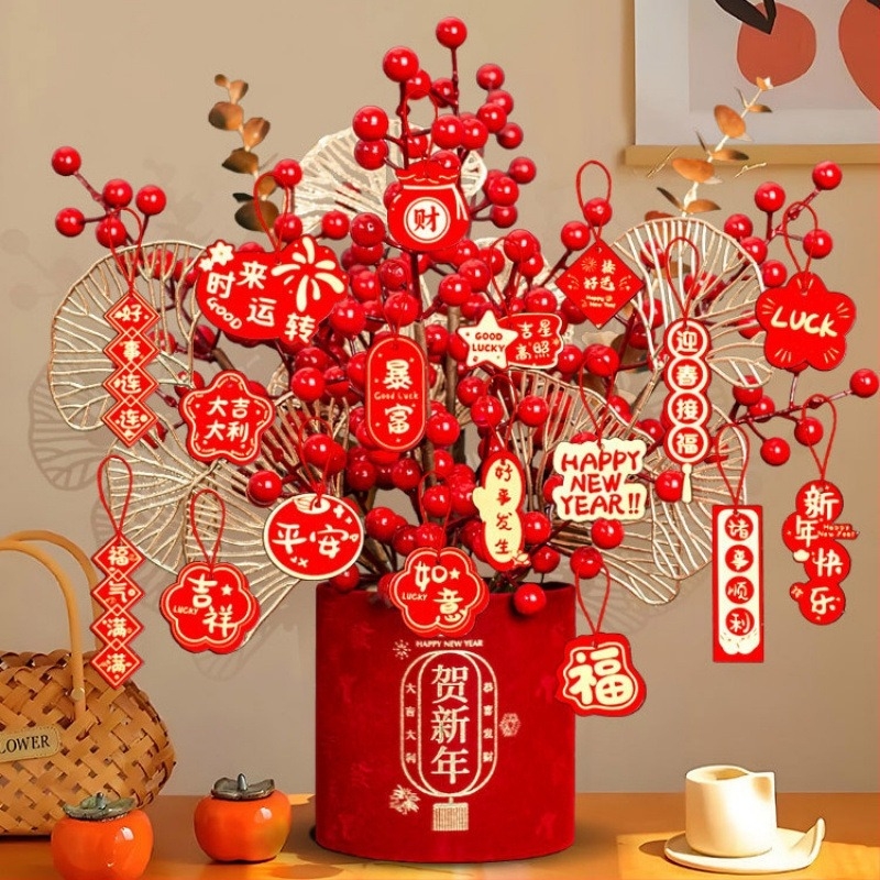 Ornament floral artificial în găleată cu binecuvântări, stil chinezesc, turnare prin injecție, decor pentru living de Anul Nou