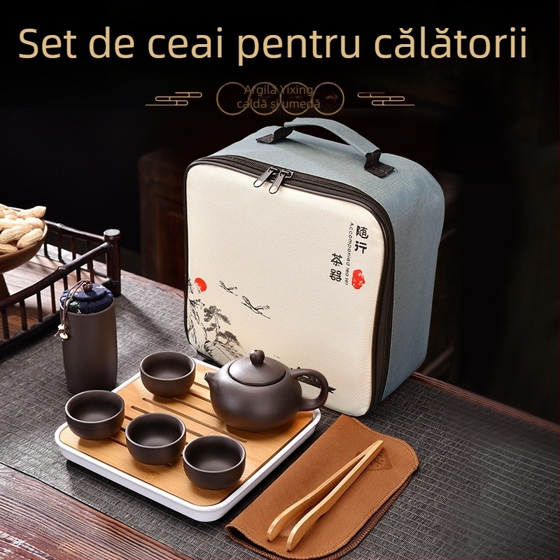 Set de ceai portabil din lut Zisha, cu geantă de călătorie, tavă din bambus, logo personalizabil, pentru 3–5 persoane