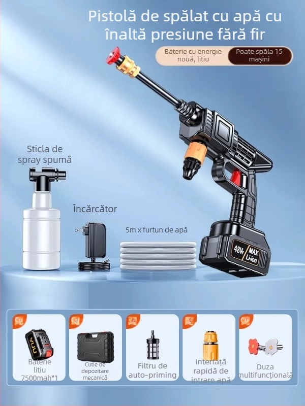 Spălător auto fără fir, motor de 120W, debit 4 L/min, greutate 3 kg, corp din aliaj plastic; potrivit pentru spălarea mașinii, udarea plantelor și curățarea podelei.