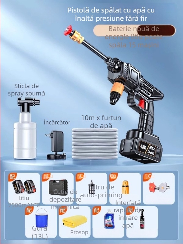 Spălător auto fără fir, motor de 120W, debit 4 L/min, greutate 3 kg, corp din aliaj plastic; potrivit pentru spălarea mașinii, udarea plantelor și curățarea podelei.