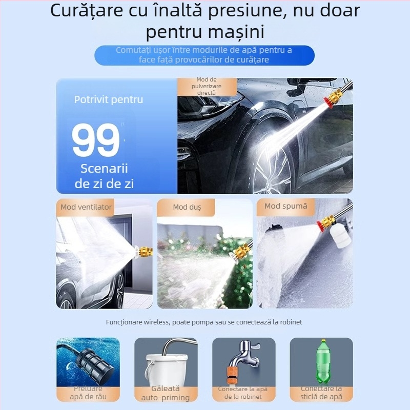Spălător auto fără fir, motor de 120W, debit 4 L/min, greutate 3 kg, corp din aliaj plastic; potrivit pentru spălarea mașinii, udarea plantelor și curățarea podelei.