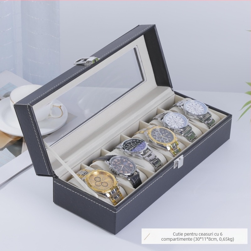 Cutie pentru ceasuri, piele personalizată, dreptunghiulară, construcție cu mai multe niveluri, potrivită pentru cadou