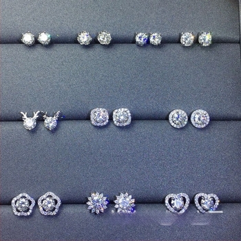 Cercei stud Moissanite, Argint S925, Formă rotundă, Tăiere Eight Hearts and Eight Arrows, Unisex