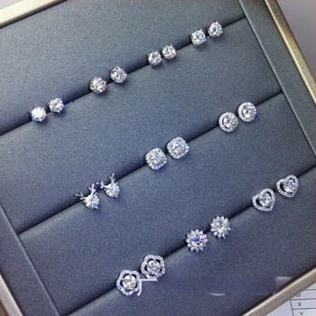 Cercei stud Moissanite, Argint S925, Formă rotundă, Tăiere Eight Hearts and Eight Arrows, Unisex