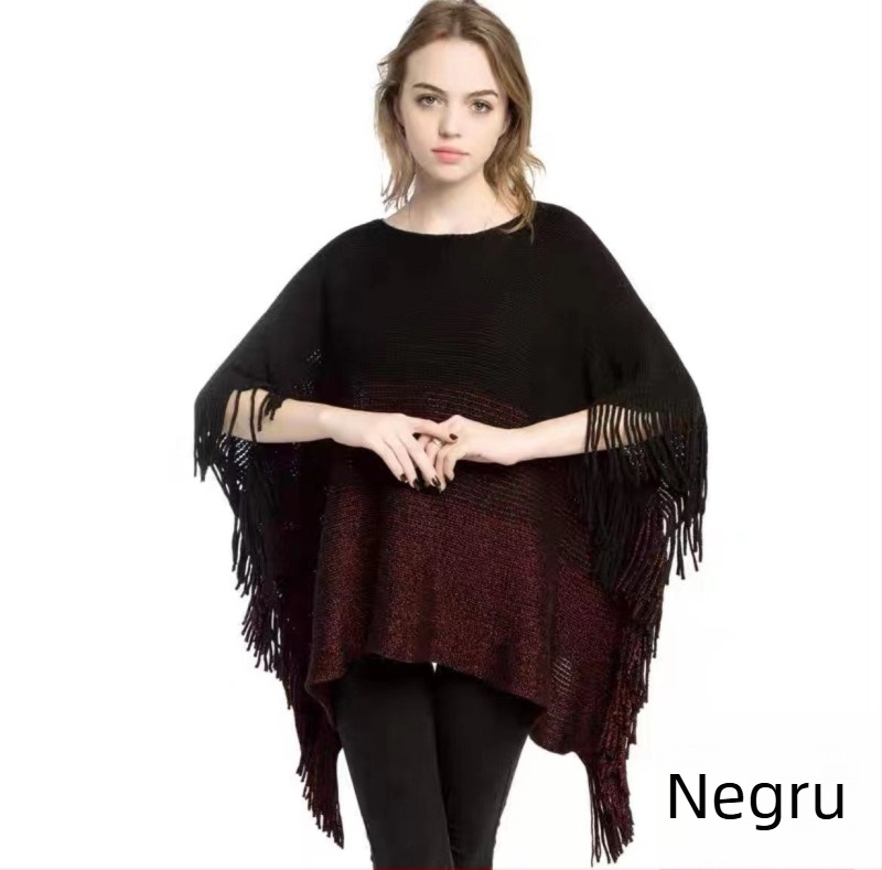 Pelerină-pulover cu ciucuri și dungă, material acrilic/vlă artificială, țesătură warp knitting, jacquard, cald, iarnă primăvară toamnă