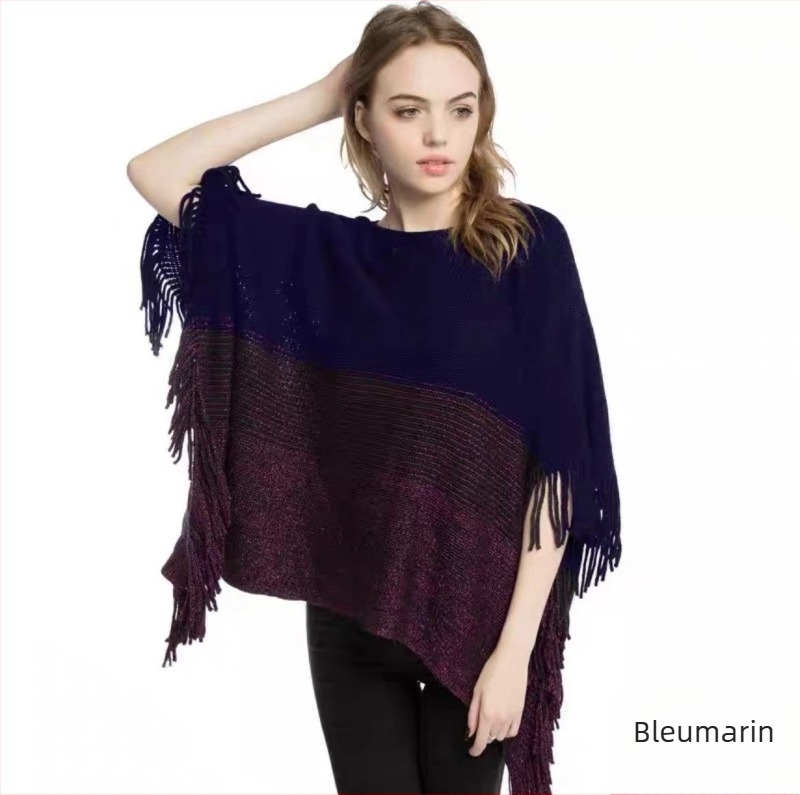 Pelerină-pulover cu ciucuri și dungă, material acrilic/vlă artificială, țesătură warp knitting, jacquard, cald, iarnă primăvară toamnă