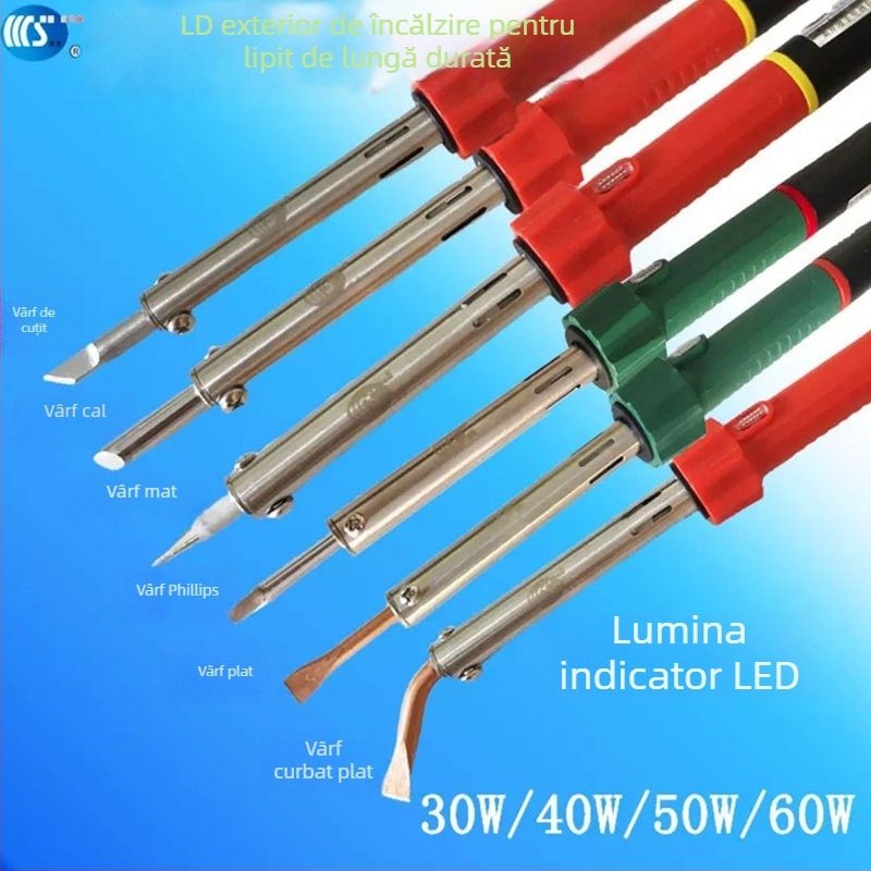 Fier de lipit de uz casnic 30-60W, 220V, mâner din cauciuc — vârfuri pentru lipit: curbat, drept, plat și în formă de potcoavă (model WS-708)