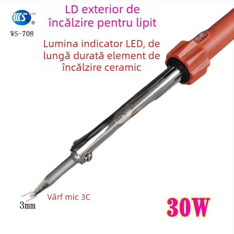 Fier de lipit de uz casnic 30-60W, 220V, mâner din cauciuc — vârfuri pentru lipit: curbat, drept, plat și în formă de potcoavă (model WS-708)