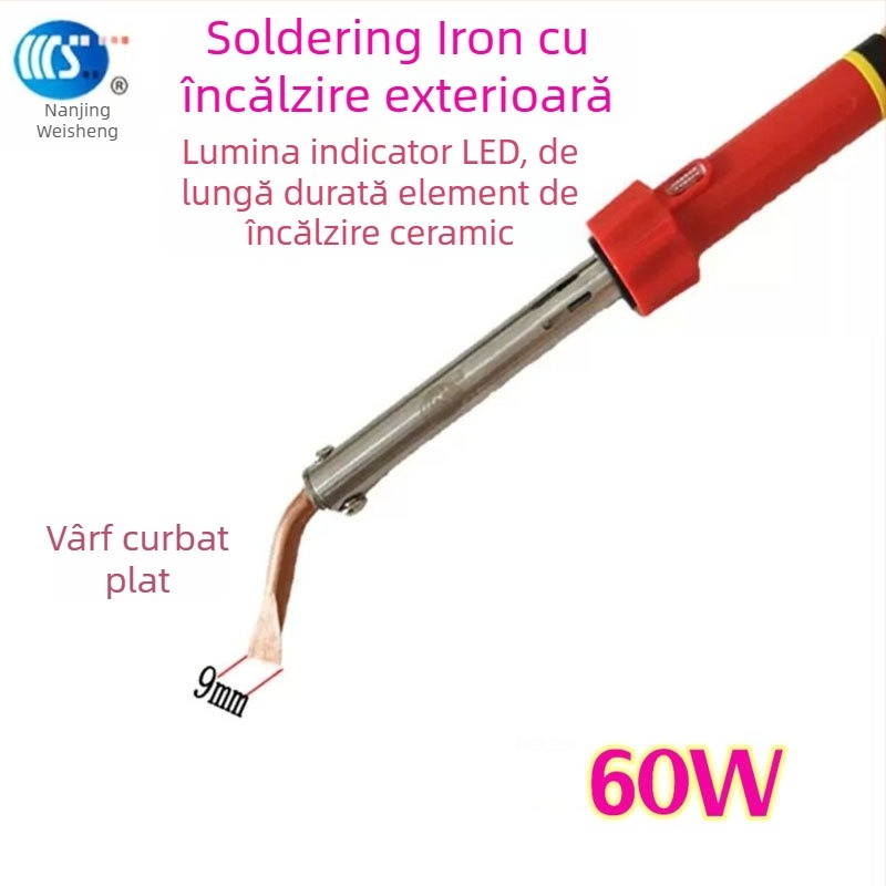 Fier de lipit de uz casnic 30-60W, 220V, mâner din cauciuc — vârfuri pentru lipit: curbat, drept, plat și în formă de potcoavă (model WS-708)