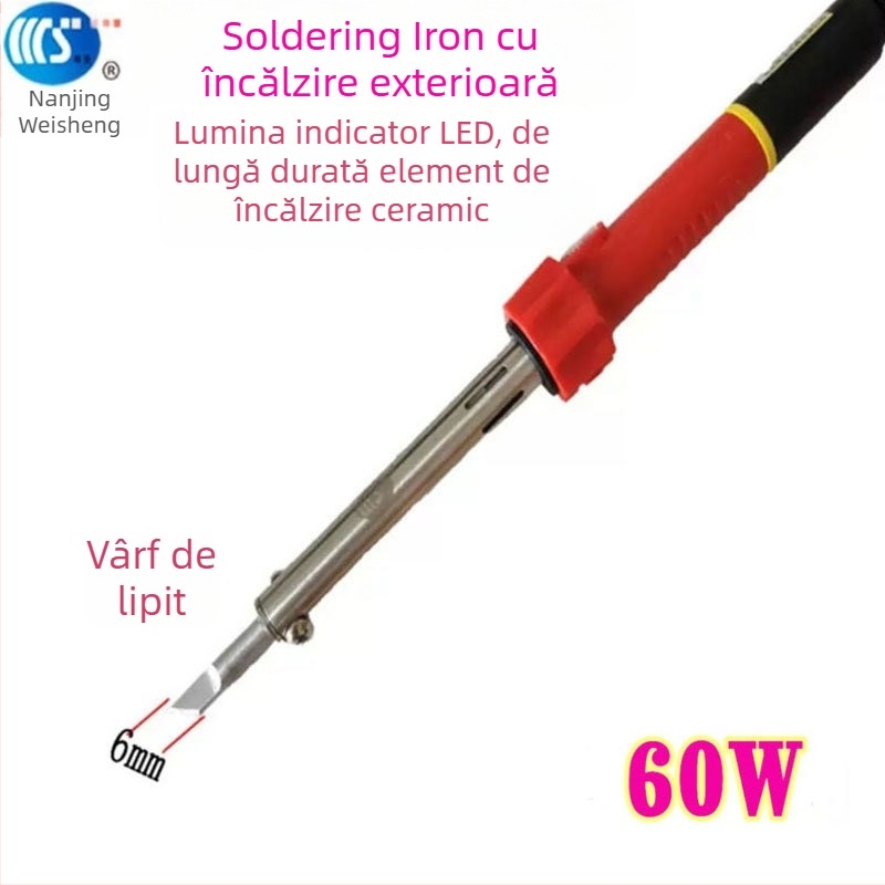 Fier de lipit de uz casnic 30-60W, 220V, mâner din cauciuc — vârfuri pentru lipit: curbat, drept, plat și în formă de potcoavă (model WS-708)