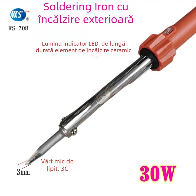 Fier de lipit de uz casnic 30-60W, 220V, mâner din cauciuc — vârfuri pentru lipit: curbat, drept, plat și în formă de potcoavă (model WS-708)