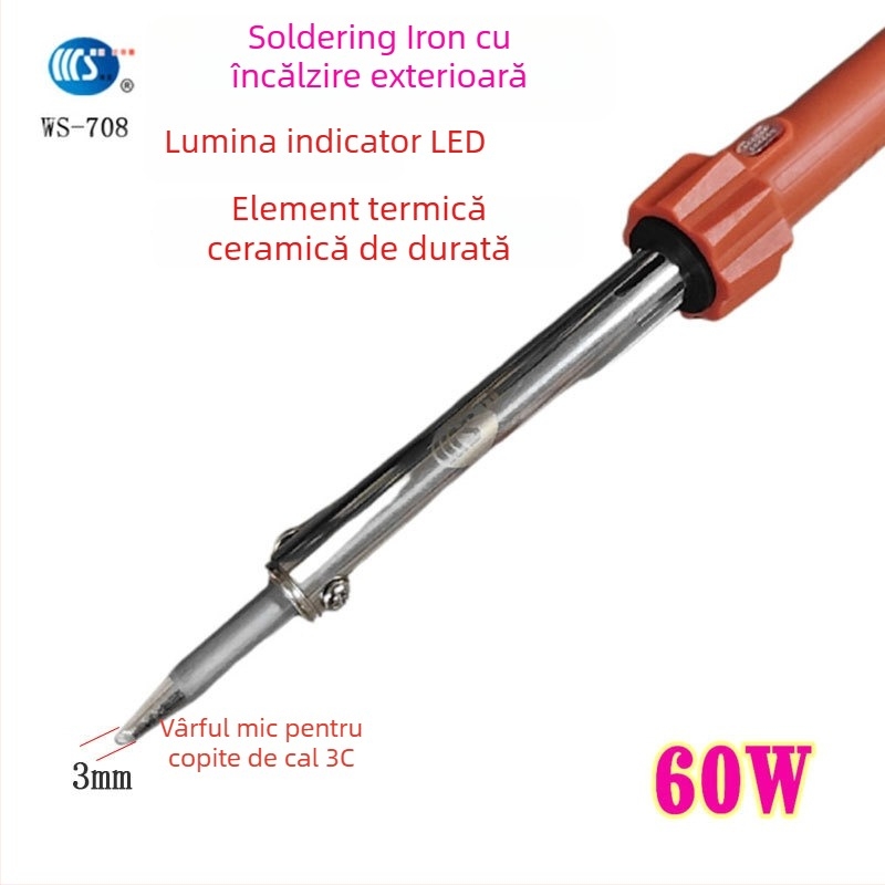 Fier de lipit de uz casnic 30-60W, 220V, mâner din cauciuc — vârfuri pentru lipit: curbat, drept, plat și în formă de potcoavă (model WS-708)