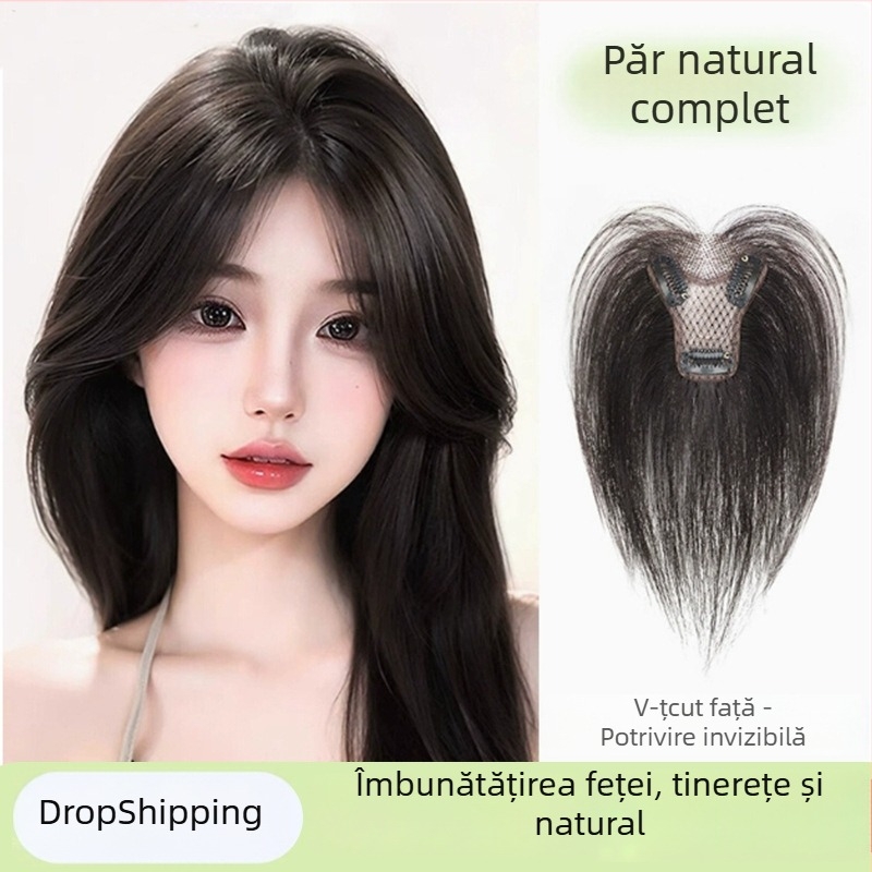 Perucă cu breton pentru femei, placă de acoperire în partea superioară a capului, păr natural, mecanism de fabricație, breton drept sau înclinat, nu poate fi vopsită sau îndreptată