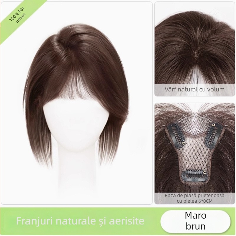Perucă cu breton pentru femei, placă de acoperire în partea superioară a capului, păr natural, mecanism de fabricație, breton drept sau înclinat, nu poate fi vopsită sau îndreptată