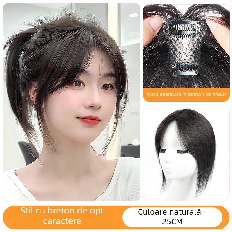 Perucă cu breton pentru femei, placă de acoperire în partea superioară a capului, păr natural, mecanism de fabricație, breton drept sau înclinat, nu poate fi vopsită sau îndreptată