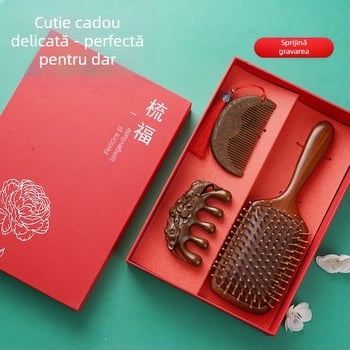Pieptene din lemn de santal cu pernă de aer pentru masaj al scalpului, în cutie cadou