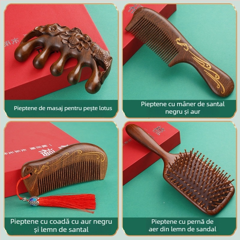 Pieptene din lemn de santal cu pernă de aer pentru masaj al scalpului, în cutie cadou