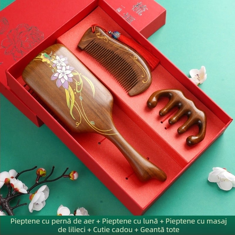 Pieptene din lemn de santal cu pernă de aer pentru masaj al scalpului, în cutie cadou
