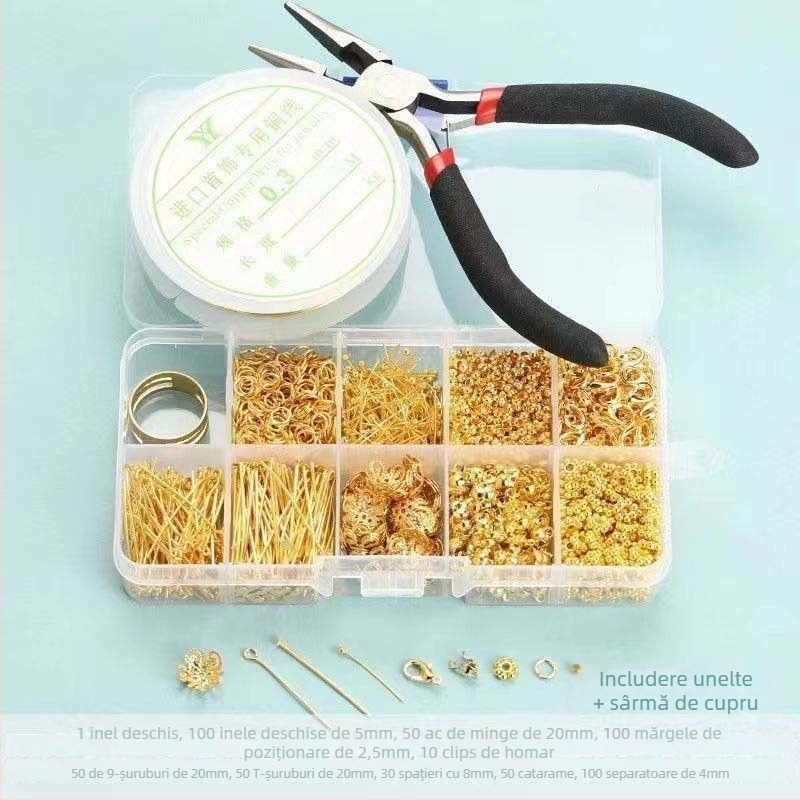 Kit DIY pentru realizarea bijuteriilor: inele deschise, T-pinuri, Lobster clasp, mărgele de poziționare, ac în formă de 9