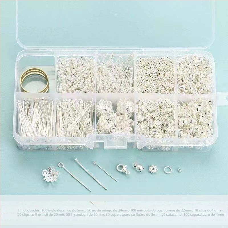 Kit DIY pentru realizarea bijuteriilor: inele deschise, T-pinuri, Lobster clasp, mărgele de poziționare, ac în formă de 9