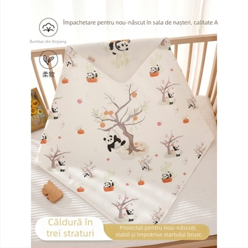 Pătură de înfășat pentru nou-născuți - bumbac 100%, umplutură Space Cotton, căldură în trei straturi, model desen animat, Siguranță Clasa A