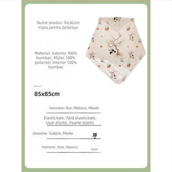 Pătură de înfășat pentru nou-născuți - bumbac 100%, umplutură Space Cotton, căldură în trei straturi, model desen animat, Siguranță Clasa A