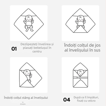 Pătură de înfășat pentru nou-născuți - bumbac 100%, umplutură Space Cotton, căldură în trei straturi, model desen animat, Siguranță Clasa A