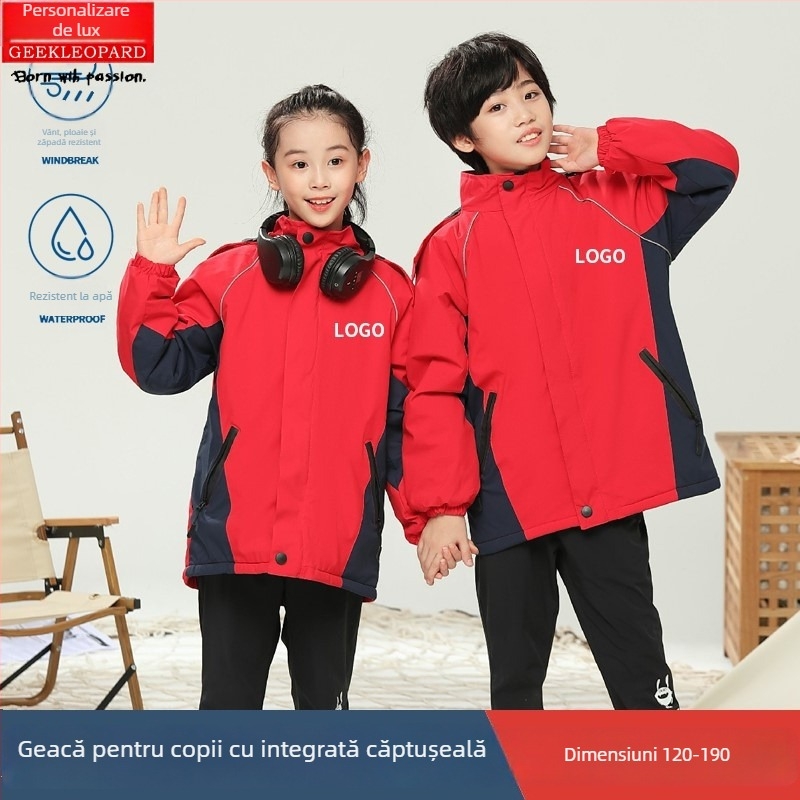 Geacă de iarnă pentru copii, cu glugă, impermeabilă 5000 mm, căptușită cu fleece, din poliester, pentru 8–9 ani (Impermeabil 5000 mm; Glugă; Căptușeală fleece; Material: Poliester)