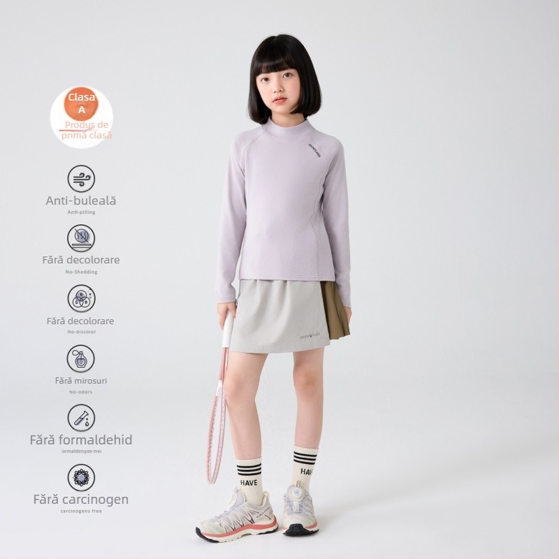 Top de bază pentru fete, cu guler semi-înalt, mâneci raglan, dungat, 92% poliester, finisaj catifelat