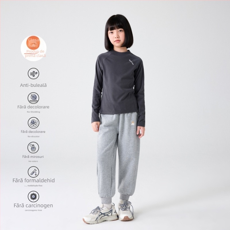 Top de bază pentru fete, cu guler semi-înalt, mâneci raglan, dungat, 92% poliester, finisaj catifelat