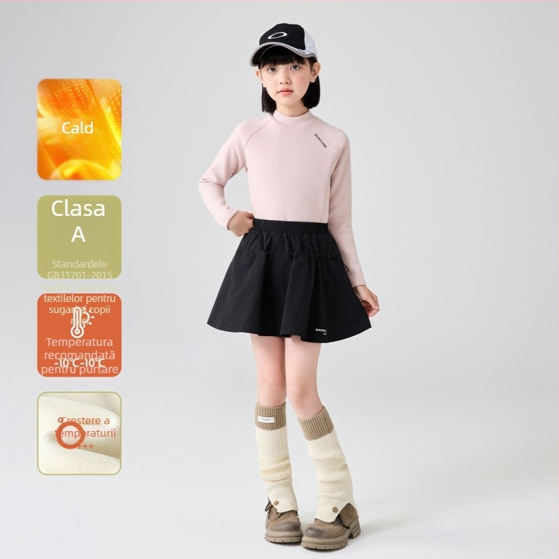 Top de bază pentru fete, cu guler semi-înalt, mâneci raglan, dungat, 92% poliester, finisaj catifelat