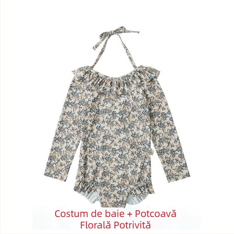 Costum de baie pentru fete, dintr-o bucată, cu spate decupat, imprimeu cu desene animate, 0-8 ani, material nailon cu elastan