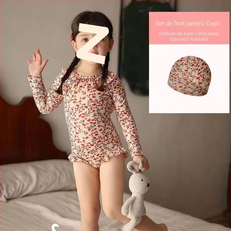 Costum de baie pentru fete, dintr-o bucată, cu spate decupat, imprimeu cu desene animate, 0-8 ani, material nailon cu elastan