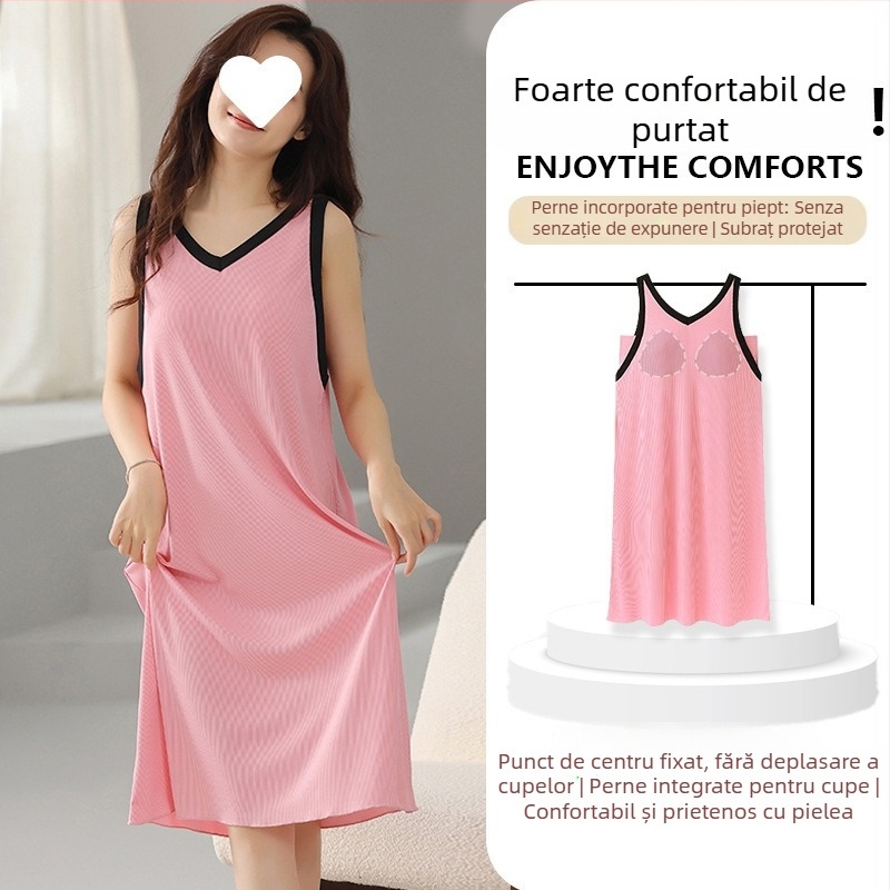 Rochie de noapte cu bretele din modal, decolteu în V, fără mâneci, respirabilă pentru vară