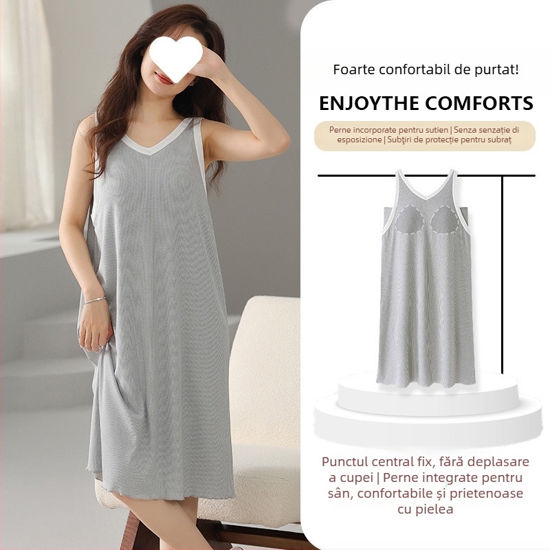 Rochie de noapte cu bretele din modal, decolteu în V, fără mâneci, respirabilă pentru vară