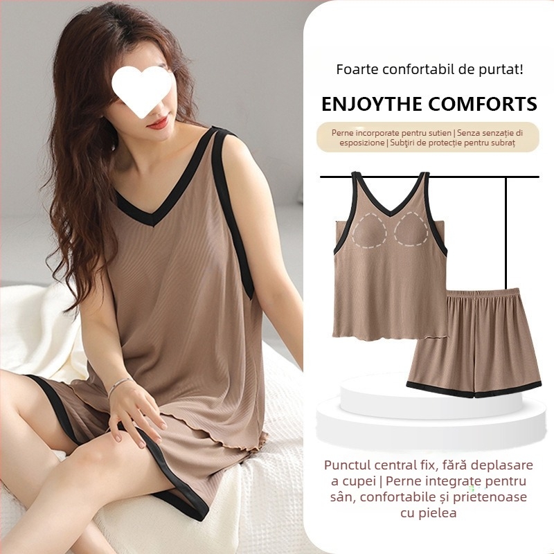 Rochie de noapte cu bretele din modal, decolteu în V, fără mâneci, respirabilă pentru vară