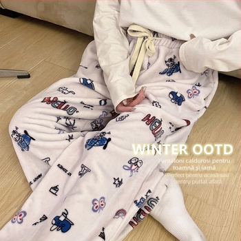 Pantaloni de pijama pentru femei din flanelă, termici, 100% poliester, grosime îngroșată, 181–200 g/m², croială lejeră